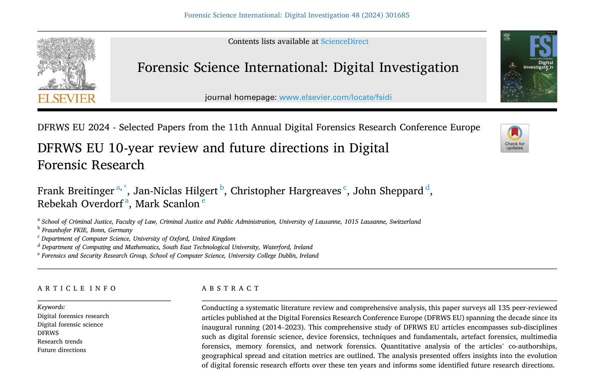 Top of the first page of DFRWS EU 10-Year Review and Future Directions in Digital Forensic Research