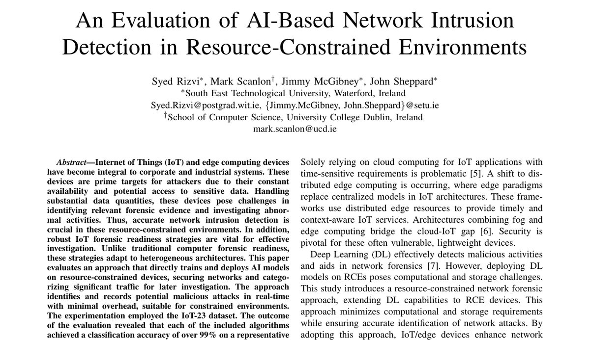 Top of the first page of An Evaluation of AI-Based Network Intrusion Detection in Resource-Constrained Environments