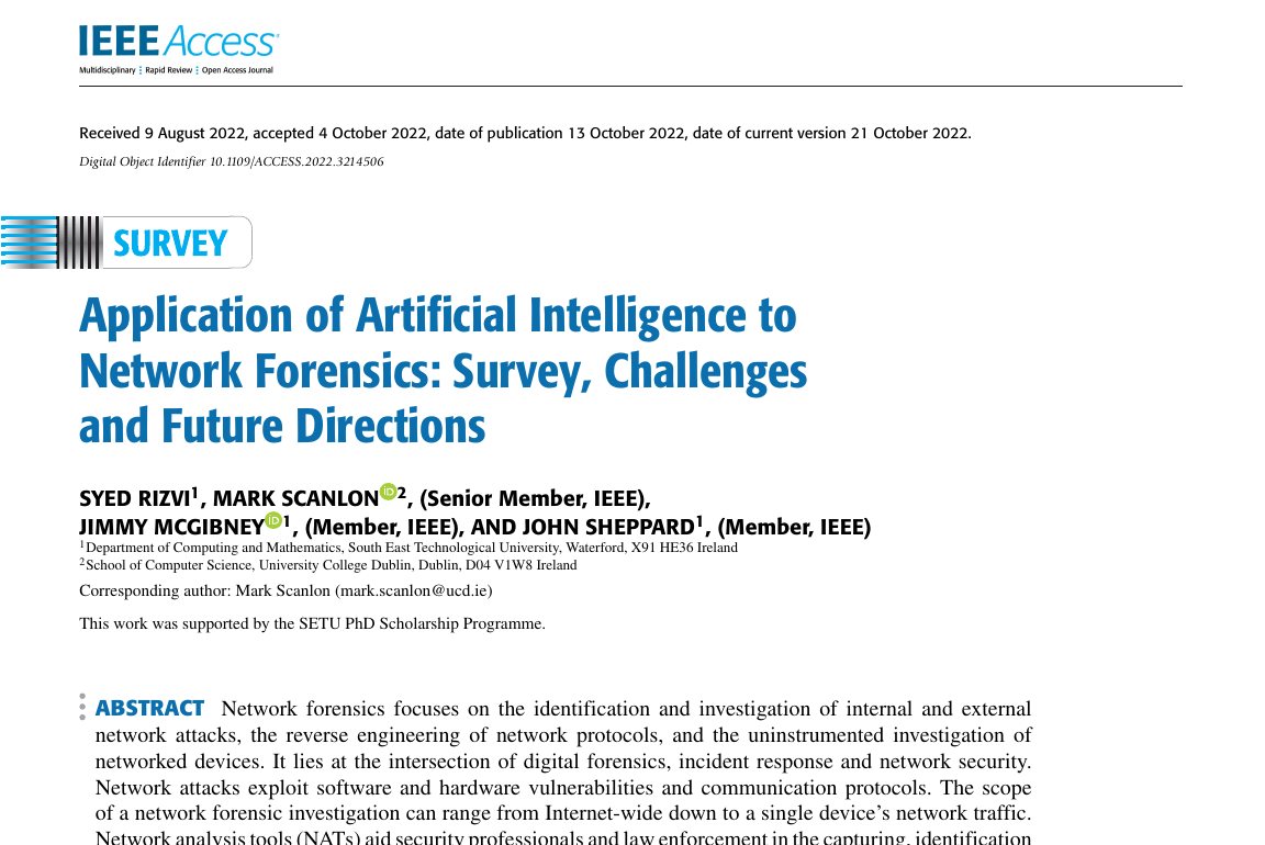Top of the first page of Application of Artificial Intelligence to Network Forensics: Survey, Challenges and Future Directions