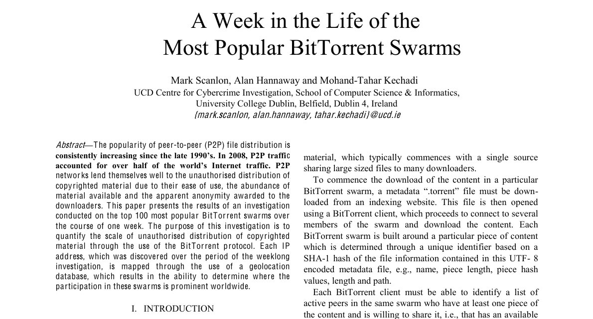 Top of the first page of A week in the Life of the Most Popular BitTorrent Swarms