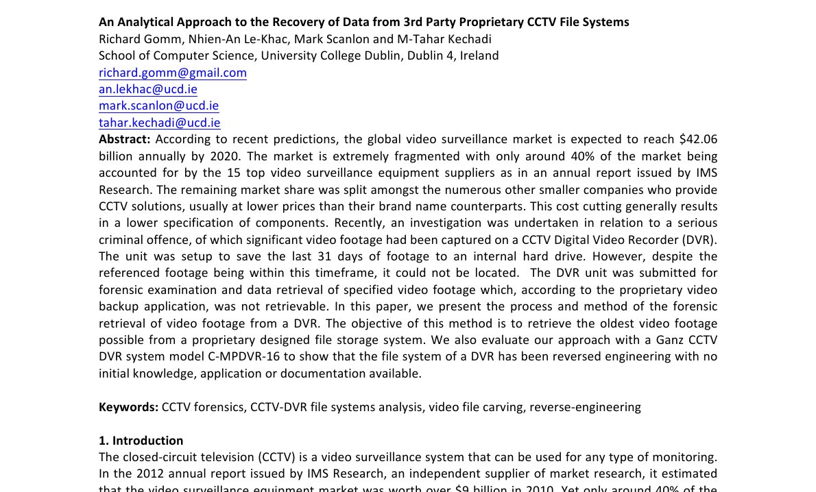 Top of the first page of An Analytical Approach to the Recovery of Data From 3rd Party Proprietary CCTV File Systems