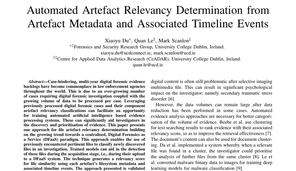 Top of the first page of Automated Artefact Relevancy Determination from Artefact Metadata and Associated Timeline Events