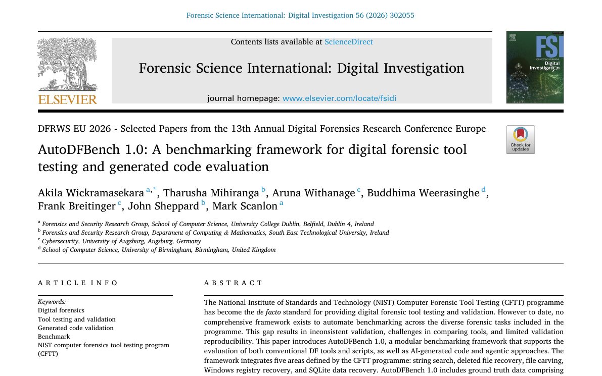 Top of the first page of AutoDFBench 1.0: A benchmarking framework for digital forensic tool testing and generated code evaluation
