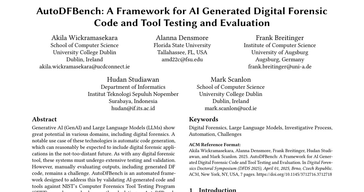 Top of the first page of AutoDFBench: A Framework for AI Generated Digital Forensic Code and Tool Testing and Evaluation