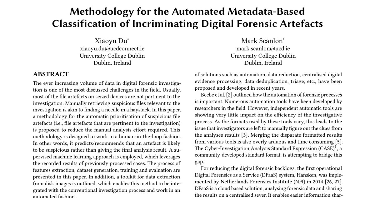 Top of the first page of Methodology for the Automated Metadata-Based Classification of Incriminating Digital Forensic Artefacts