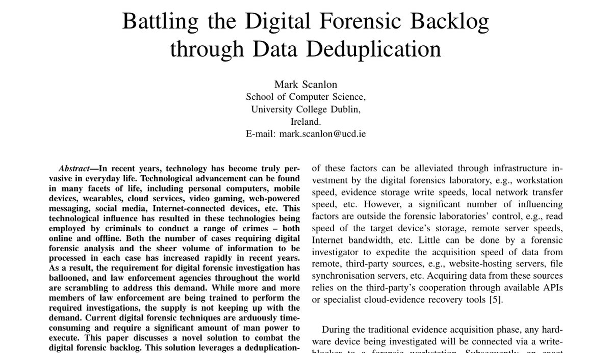 Top of the first page of Battling the Digital Forensic Backlog through Data Deduplication