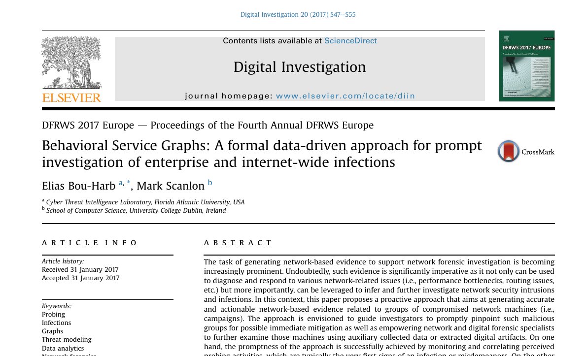 Top of the first page of Behavioral Service Graphs: A Formal Data-Driven Approach for Prompt Investigation of Enterprise and Internet-wide Infections