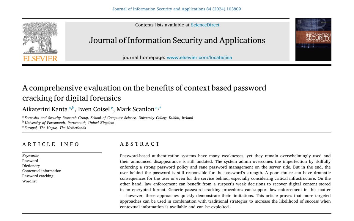 Top of the first page of A Comprehensive Evaluation on the Benefits of Context Based Password Cracking for Digital Forensics