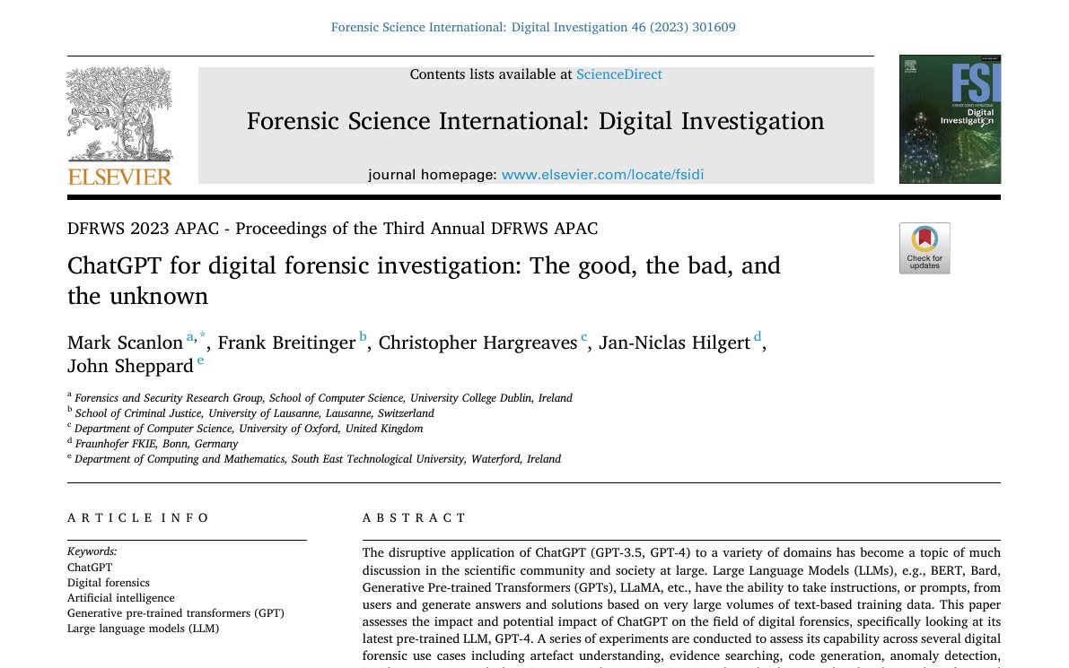 Top of the first page of ChatGPT for digital forensic investigation: The good, the bad, and the unknown