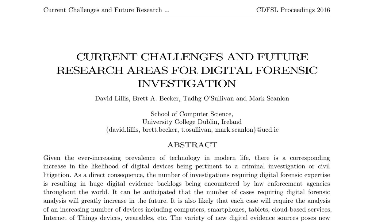 Top of the first page of Current Challenges and Future Research Areas for Digital Forensic Investigation