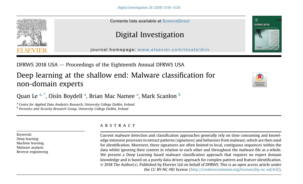 Top of the first page of Deep Learning at the Shallow End: Malware Classification for Non-Domain Experts