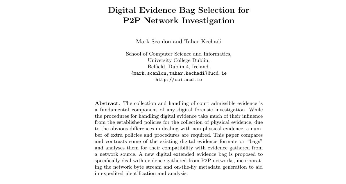 Top of the first page of Digital Evidence Bag Selection for P2P Network Investigation