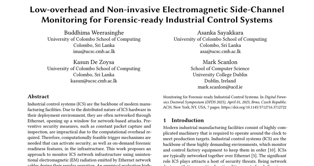 Top of the first page of Low-overhead and Non-invasive Electromagnetic Side-Channel Monitoring for Forensic-ready Industrial Control Systems