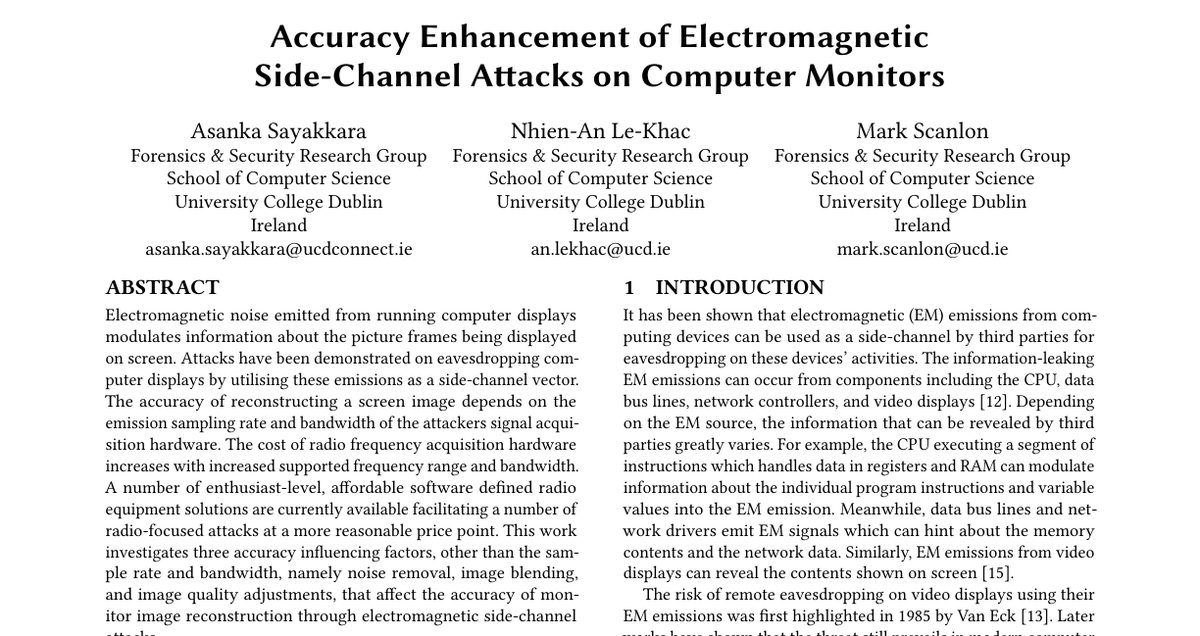 Top of the first page of Accuracy Enhancement of Electromagnetic Side-channel Attacks on Computer Monitors
