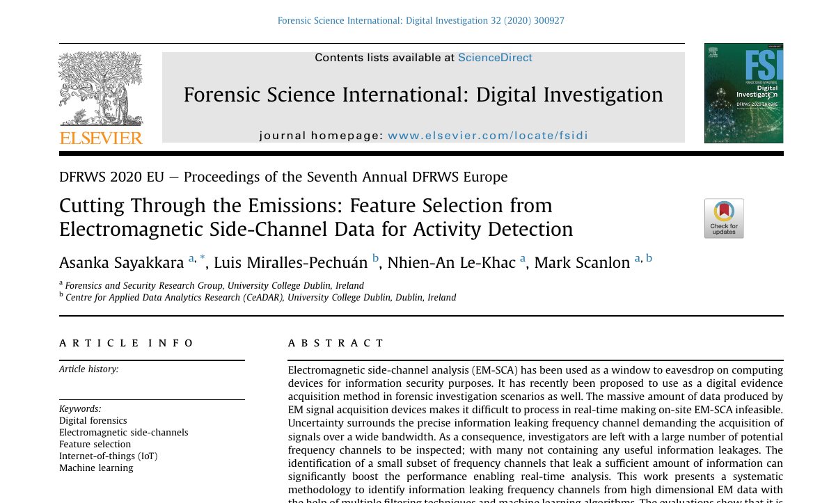 Top of the first page of Cutting through the Emissions: Feature Selection from Electromagnetic Side-Channel Data for Activity Detection