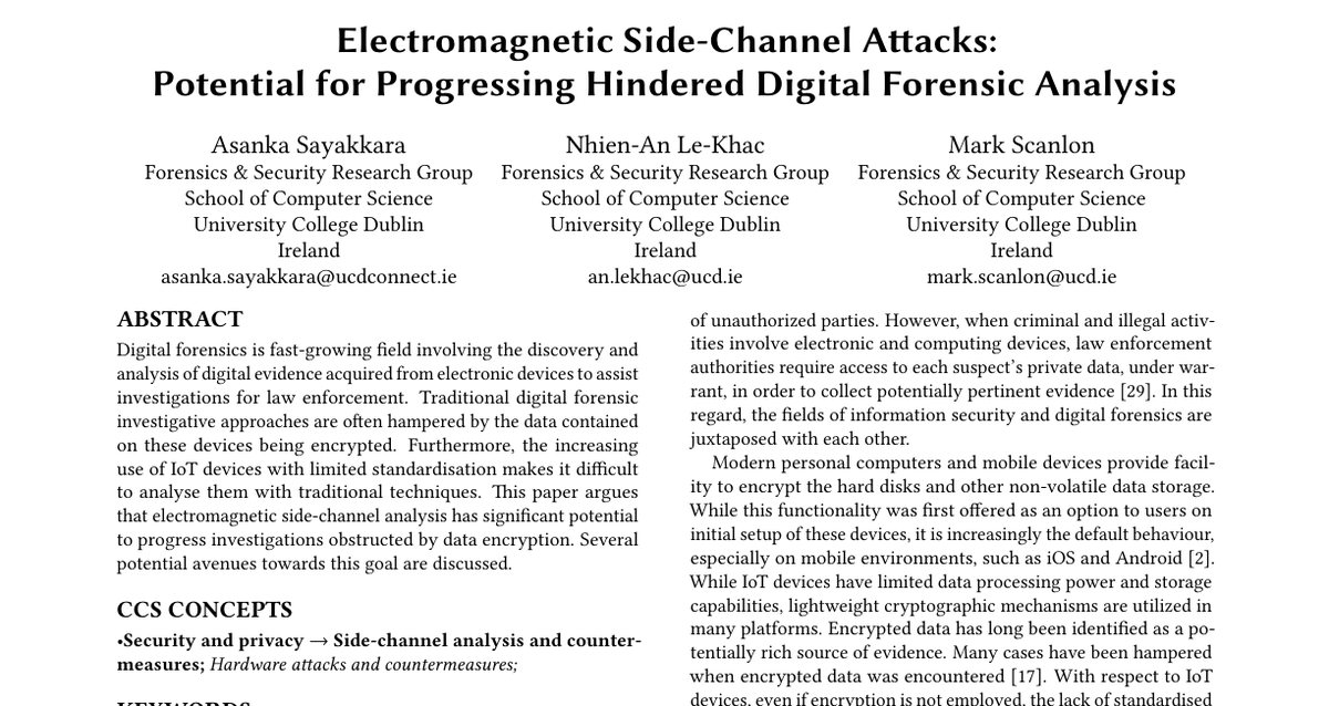 Top of the first page of Electromagnetic Side-Channel Attacks: Potential for Progressing Hindered Digital Forensic Analysis