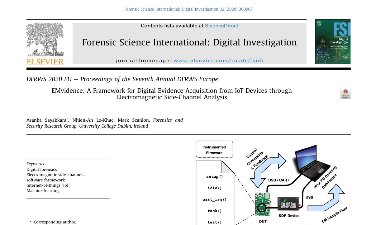 Top of the first page of EMvidence: A Framework for Digital Evidence Acquisition from IoT Devices through Electromagnetic Side-Channel Analysis
