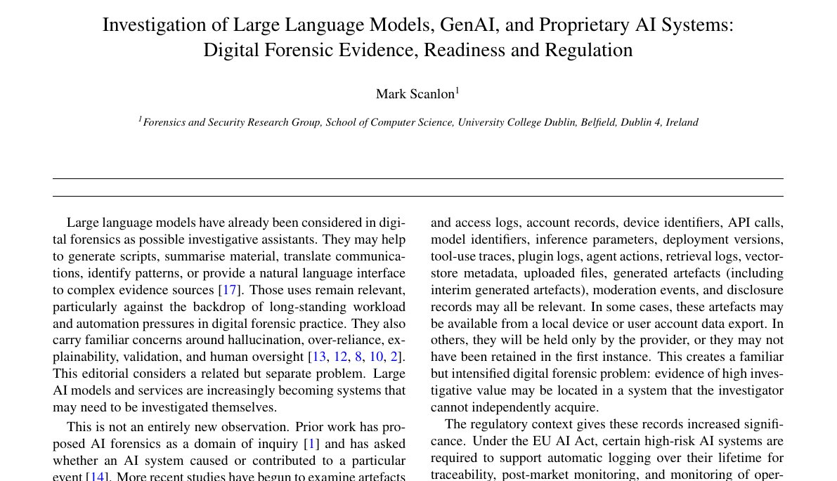 Top of the first page of Investigation of large language models, GenAI, and proprietary AI systems: Digital forensic evidence, readiness and regulation