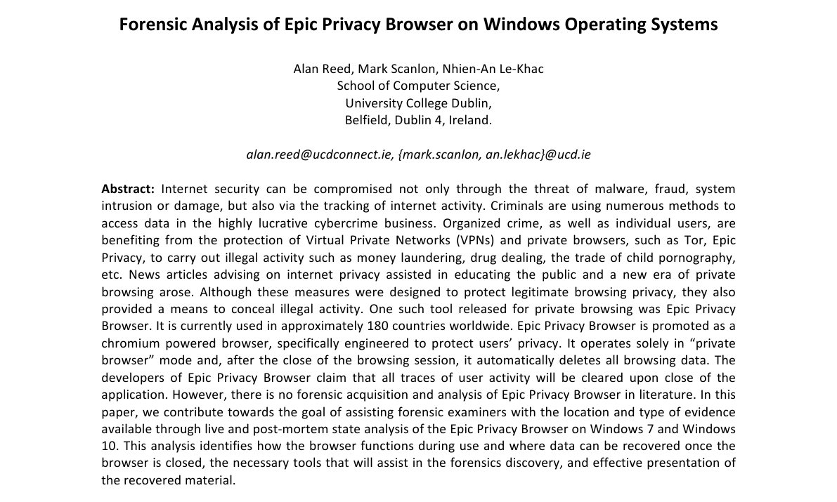 Top of the first page of Forensic Analysis of Epic Privacy Browser on Windows Operating Systems