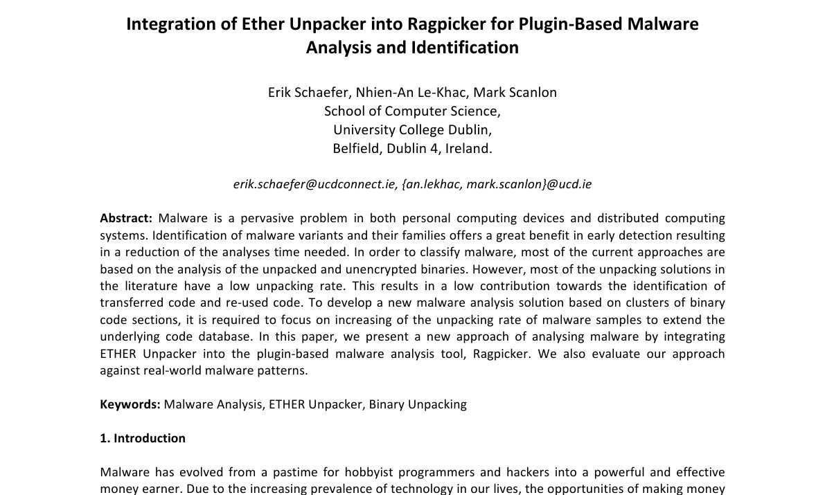 Top of the first page of Integration of Ether Unpacker into Ragpicker for plugin-based Malware Analysis and Identification
