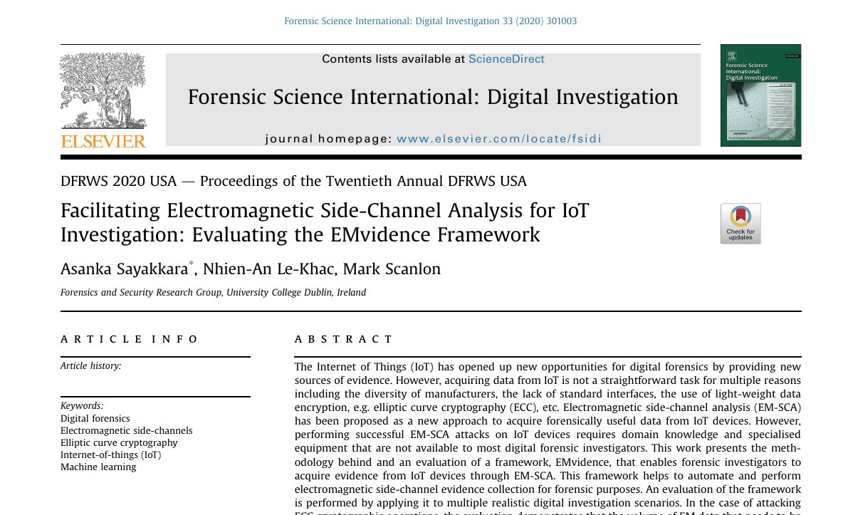 Top of the first page of Facilitating Electromagnetic Side-Channel Analysis for IoT Investigation: Evaluating the EMvidence Framework