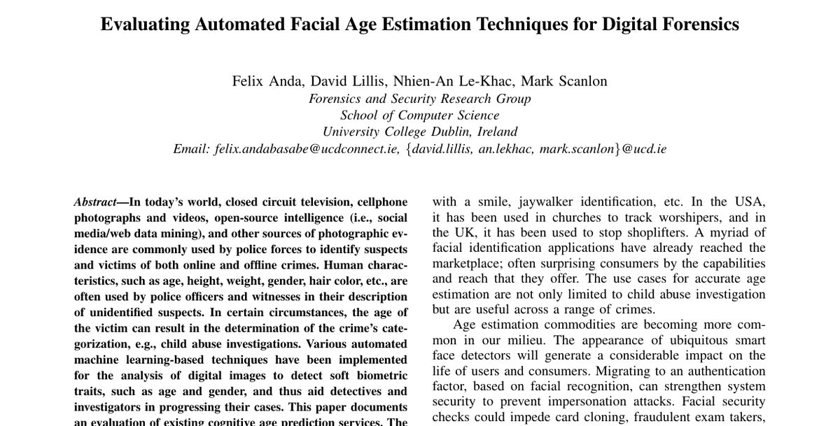 Top of the first page of Evaluating Automated Facial Age Estimation Techniques for Digital Forensics