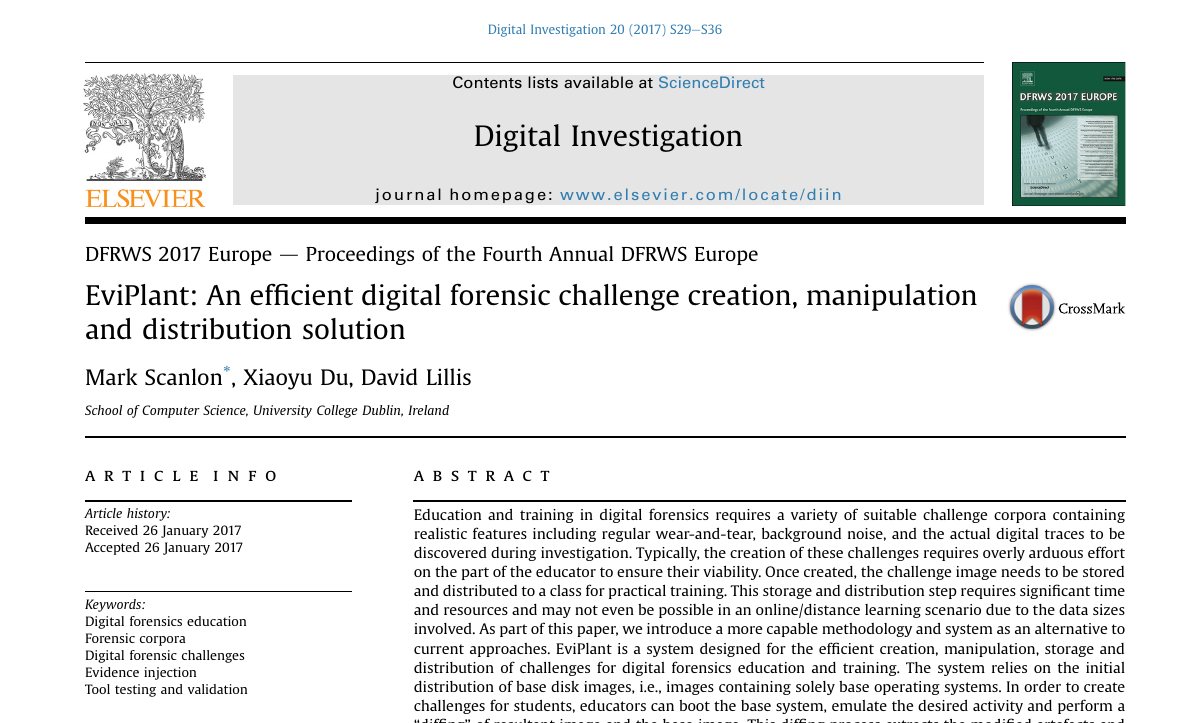 Top of the first page of EviPlant: An Efficient Digital Forensic Challenge Creation, Manipulation, and Distribution Solution