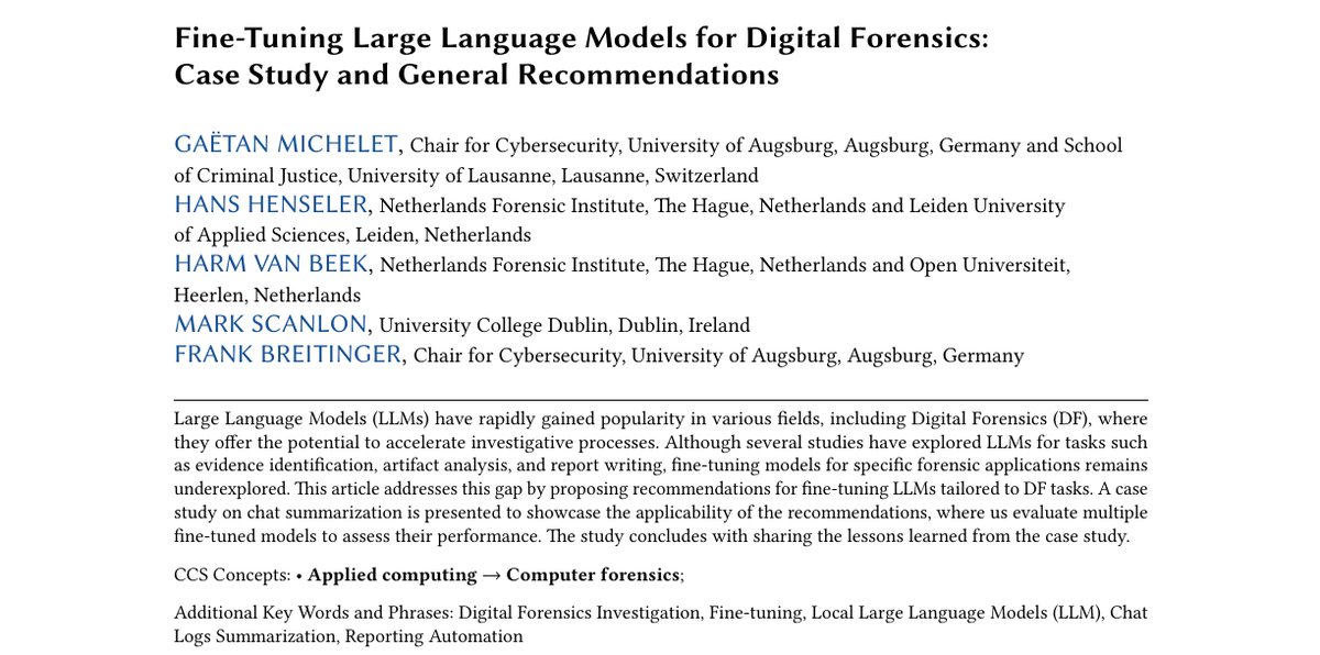 Top of the first page of Fine-Tuning Large Language Models for Digital Forensics: Case Study and General Recommendations