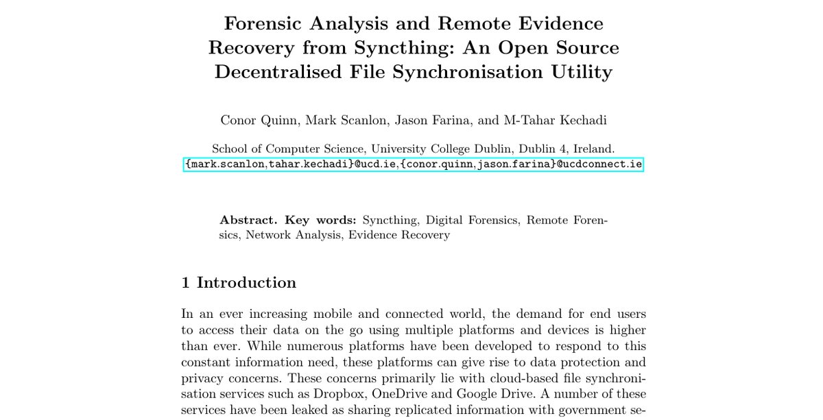 Top of the first page of Forensic Analysis and Remote Evidence Recovery from Syncthing: An Open Source Decentralised File Synchronisation Utility