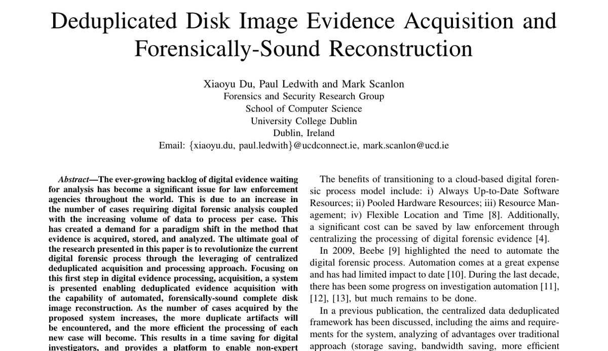 Top of the first page of Deduplicated Disk Image Evidence Acquisition and Forensically-Sound Reconstruction