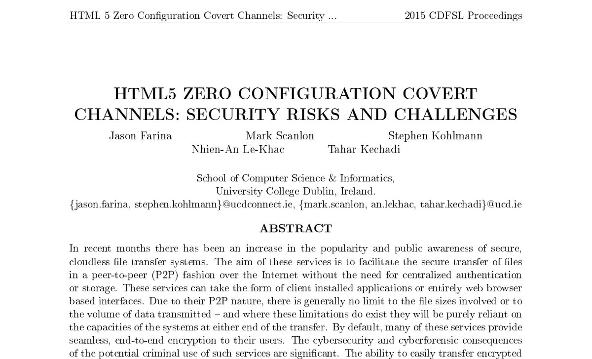 Top of the first page of HTML5 Zero Configuration Covert Channels: Security Risks and Challenges