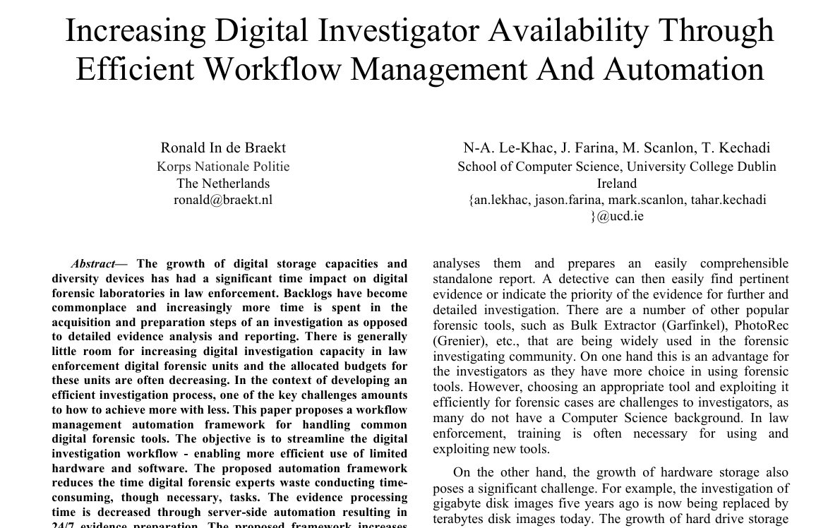Top of the first page of Increasing Digital Investigator Availability through Efficient Workflow Management and Automation