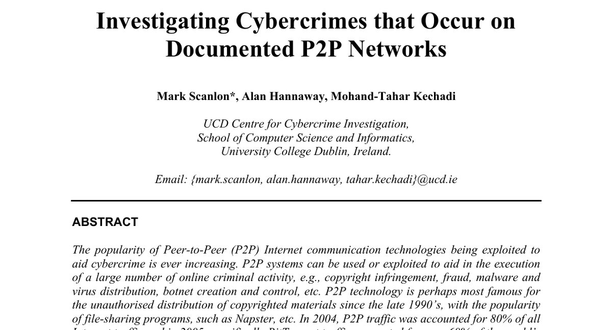 Top of the first page of Investigating Cybercrimes That Occur on Documented P2P Networks