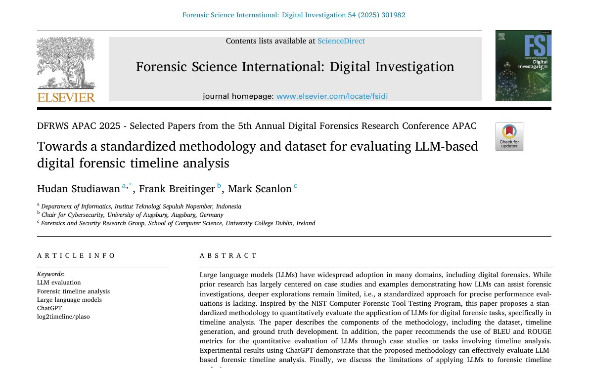 Top of the first page of Towards a standardized methodology and dataset for evaluating LLM-based digital forensic timeline analysis