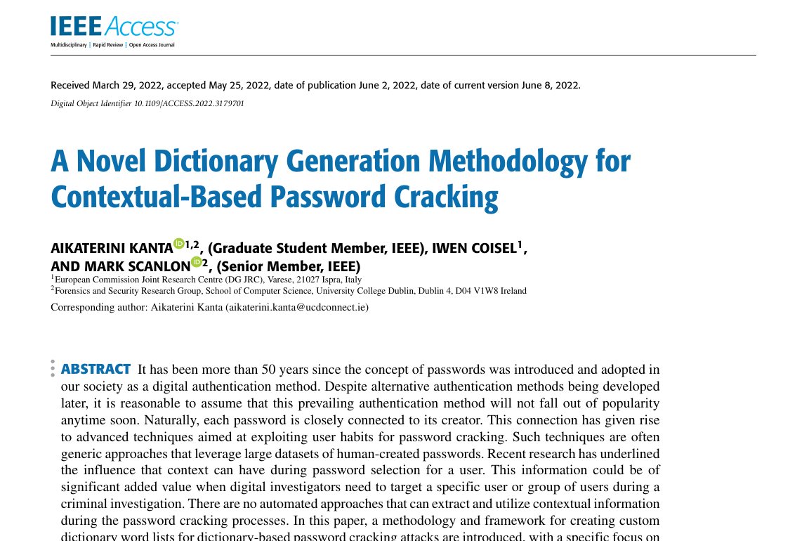 Top of the first page of A Novel Dictionary Generation Methodology for Contextual-Based Password Cracking