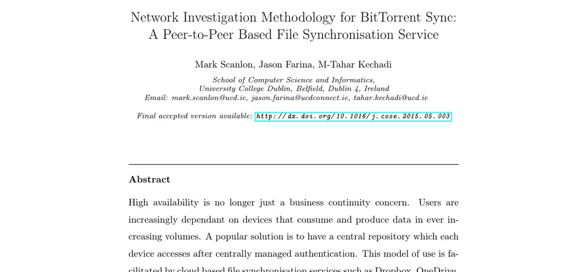 Top of the first page of Network Investigation Methodology for BitTorrent Sync: A Peer-to-Peer Based File Synchronisation Service