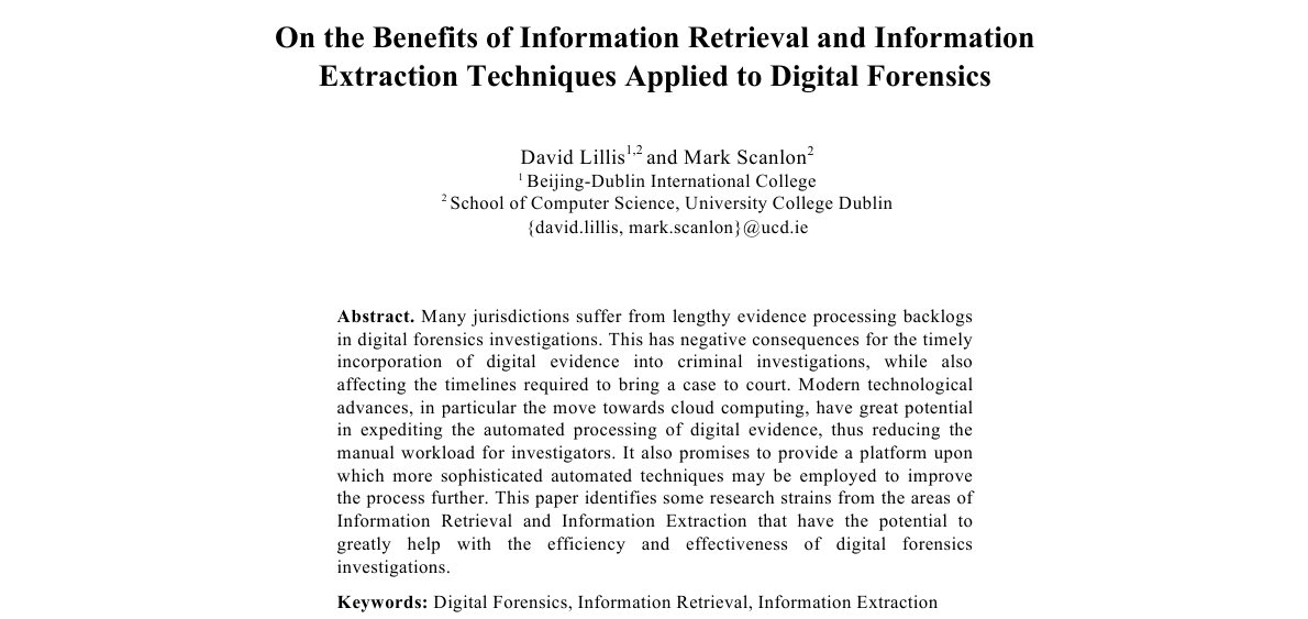 Top of the first page of On the Benefits of Information Retrieval and Information Extraction Techniques Applied to Digital Forensics