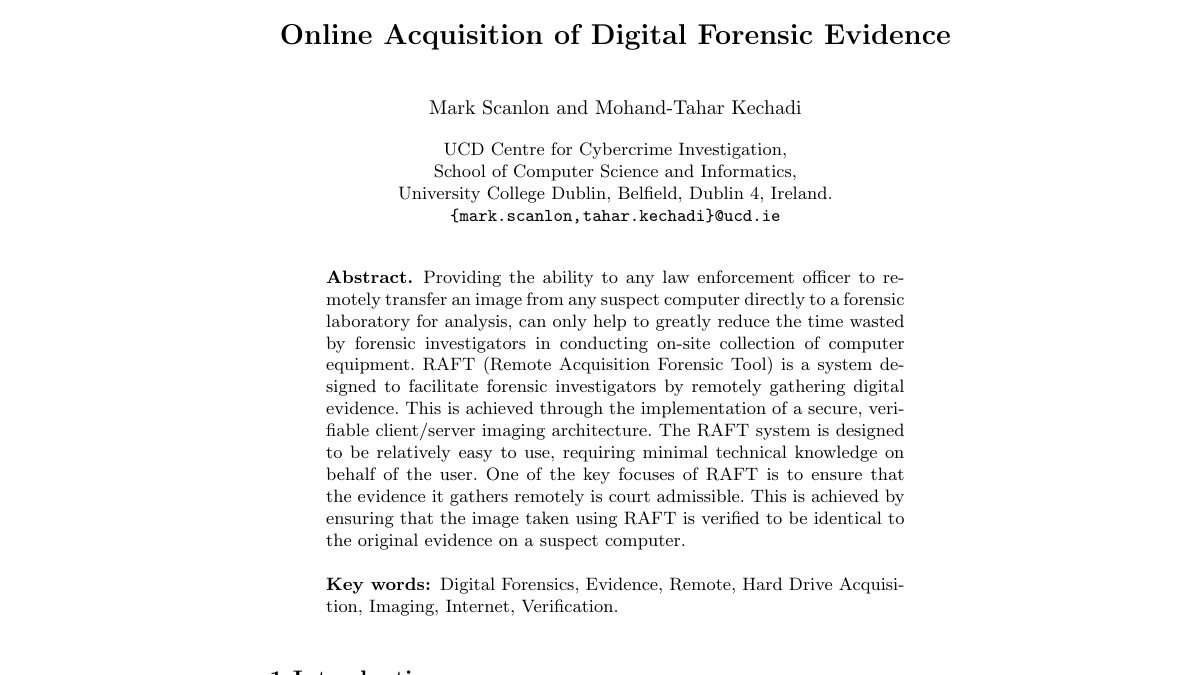 Top of the first page of Online Acquisition of Digital Forensic Evidence