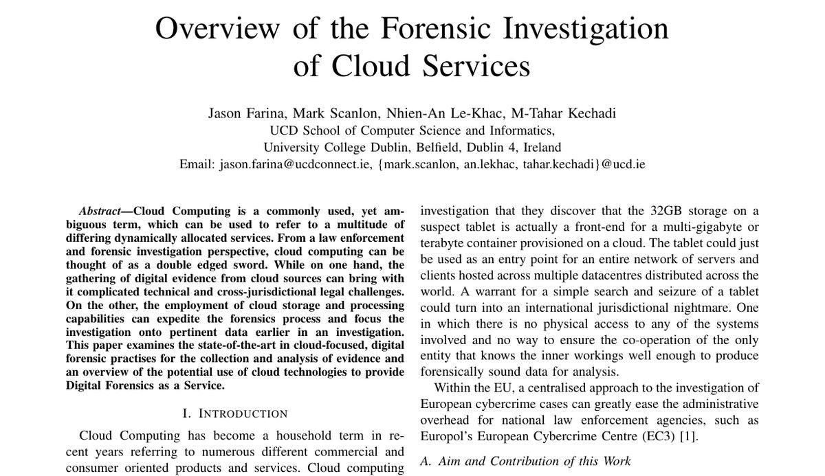 Top of the first page of Overview of the Forensic Investigation of Cloud Services