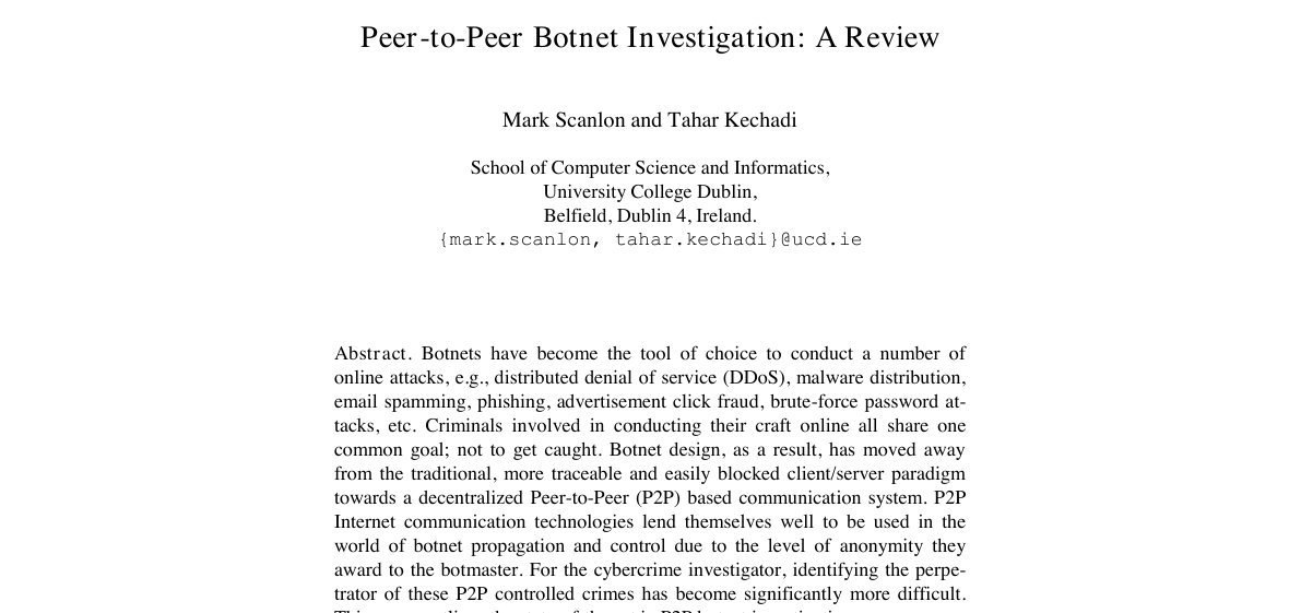 Top of the first page of Peer-to-Peer Botnet Investigation: A Review