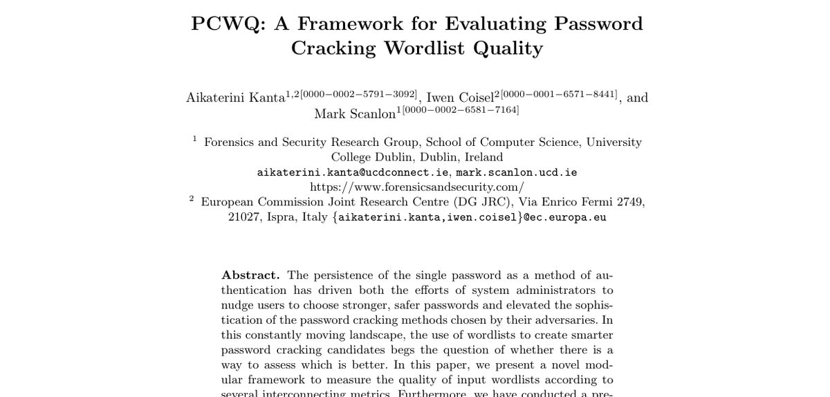 Top of the first page of PCWQ: A Framework for Evaluating Password Cracking Wordlist Quality