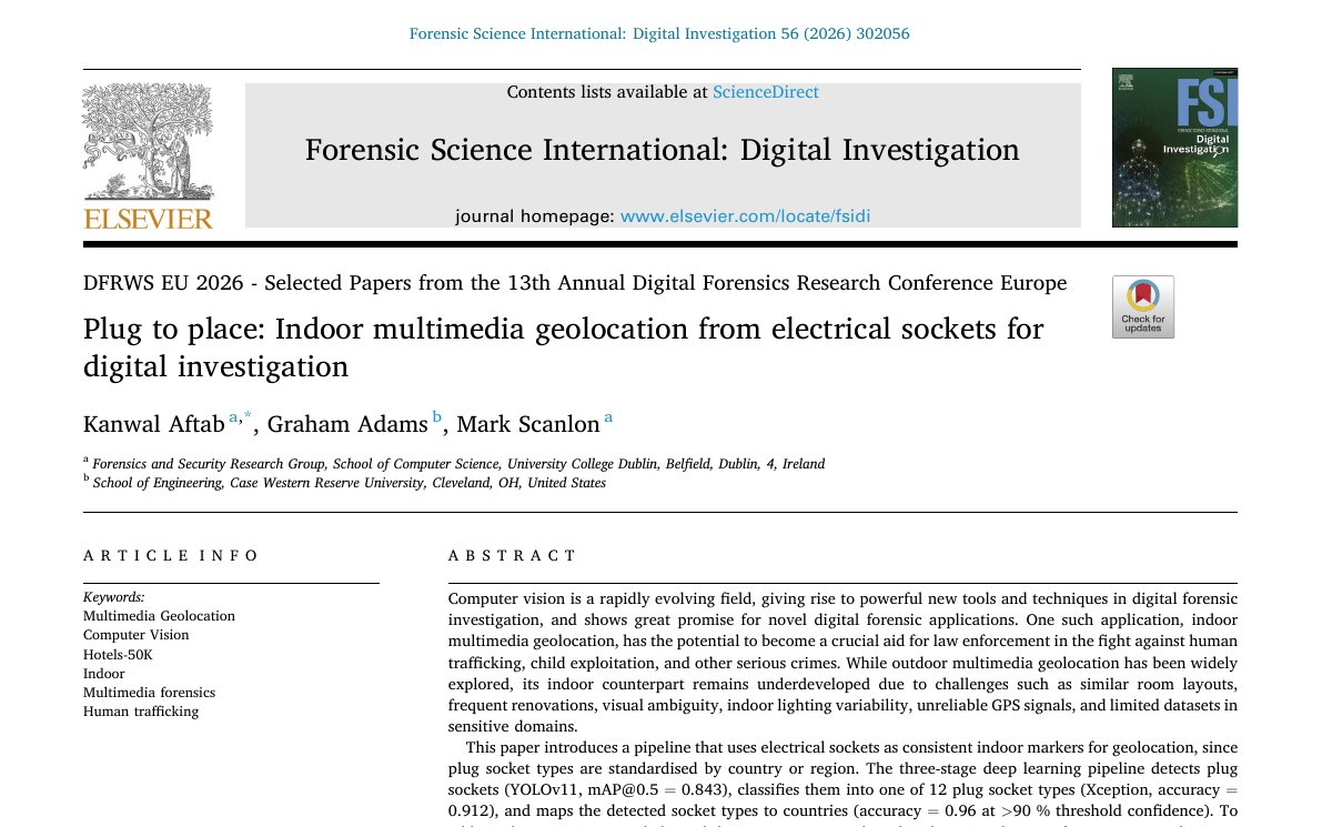 Top of the first page of Plug to place: Indoor multimedia geolocation from electrical sockets for digital investigation