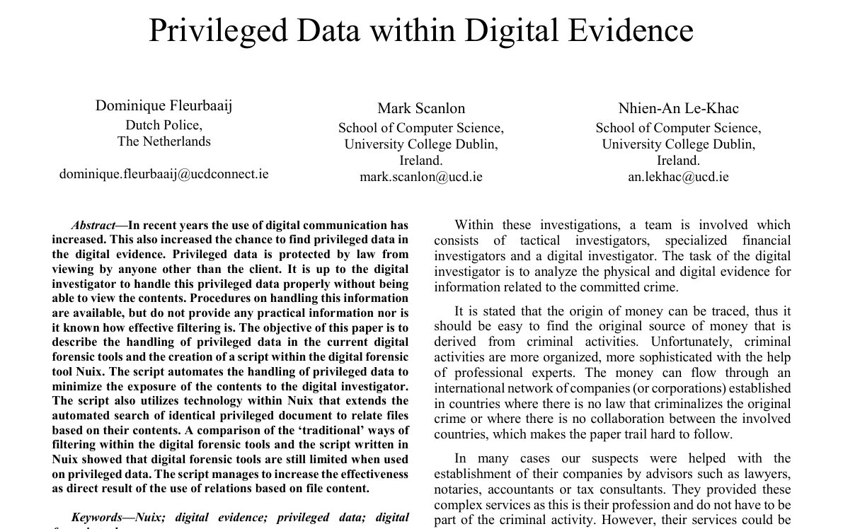 Top of the first page of Privileged Data within Digital Evidence