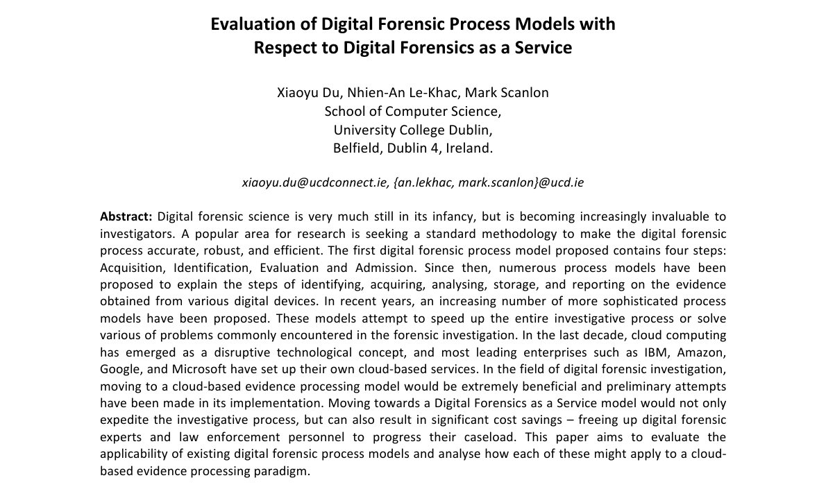 Top of the first page of Evaluation of Digital Forensic Process Models with Respect to Digital Forensics as a Service