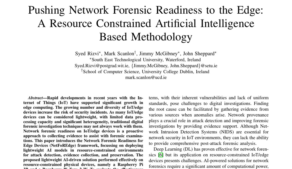 Top of the first page of Pushing Network Forensic Readiness to the Edge: A Resource Constrained Artificial Intelligence Based Methodology