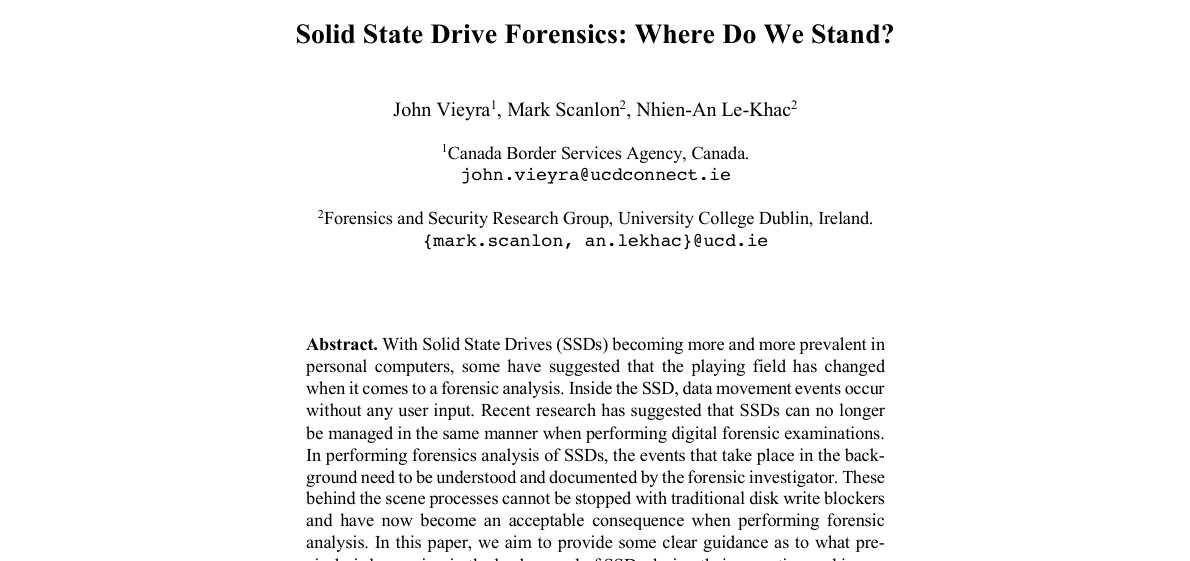Top of the first page of Solid State Drive Forensics: Where Do We Stand?