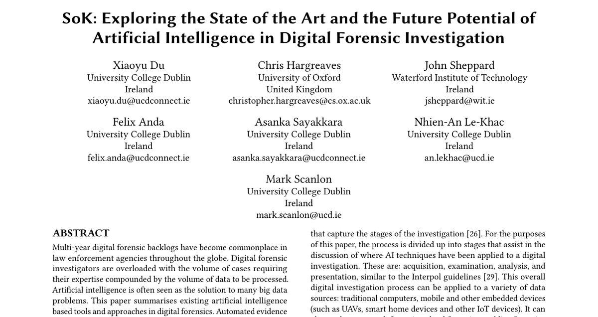 Top of the first page of SoK: Exploring the State of the Art and the Future Potential of Artificial Intelligence in Digital Forensic Investigation