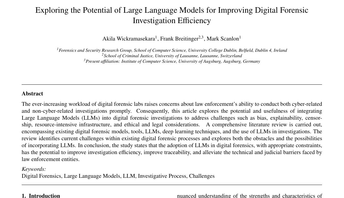 Top of the first page of Exploring the Potential of Large Language Models for Improving Digital Forensic Investigation Efficiency