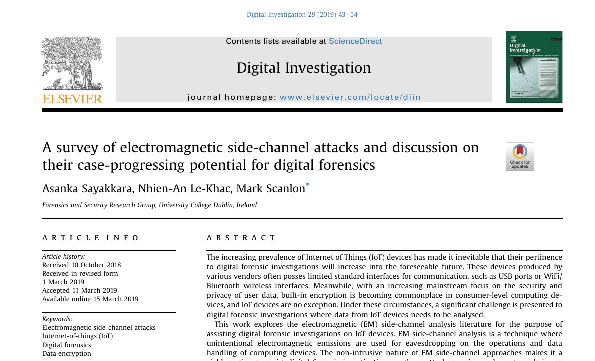 Top of the first page of A Survey of Electromagnetic Side-Channel Attacks and Discussion on their Case-Progressing Potential for Digital Forensics