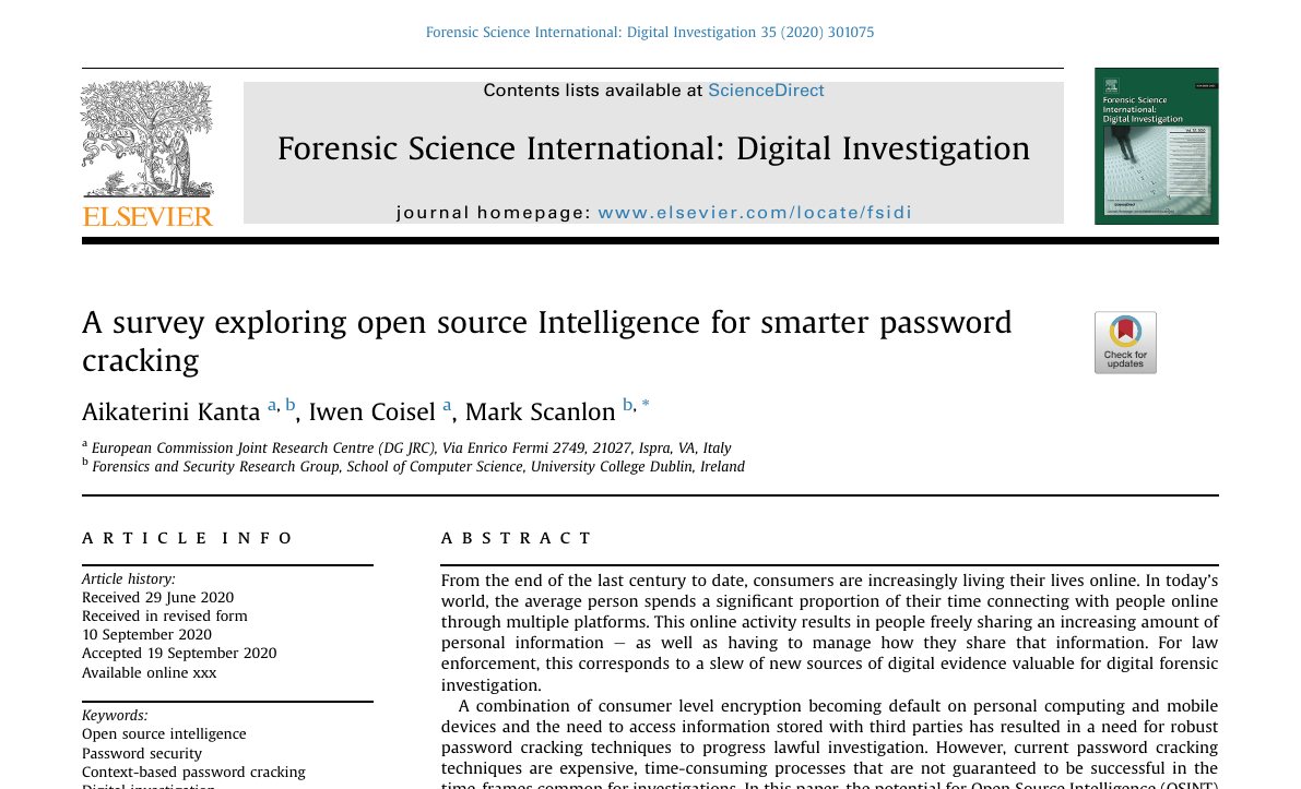 Top of the first page of A Survey Exploring Open Source Intelligence for Smarter Password Cracking